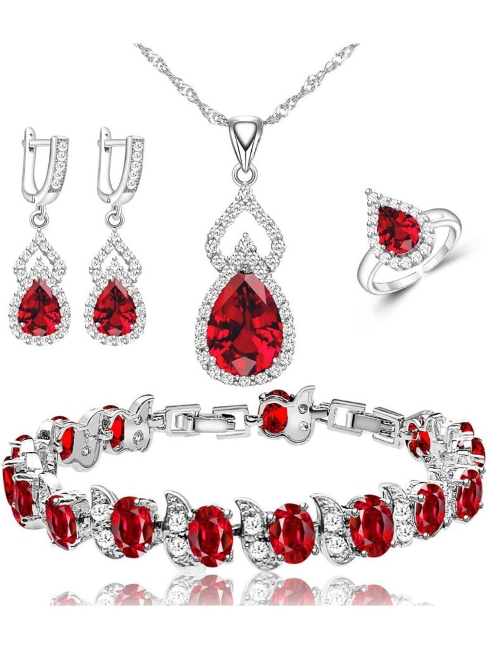 Elegant Platinum Plated Jewelry Set: Necklace, Ring, Earrings & Bracelet